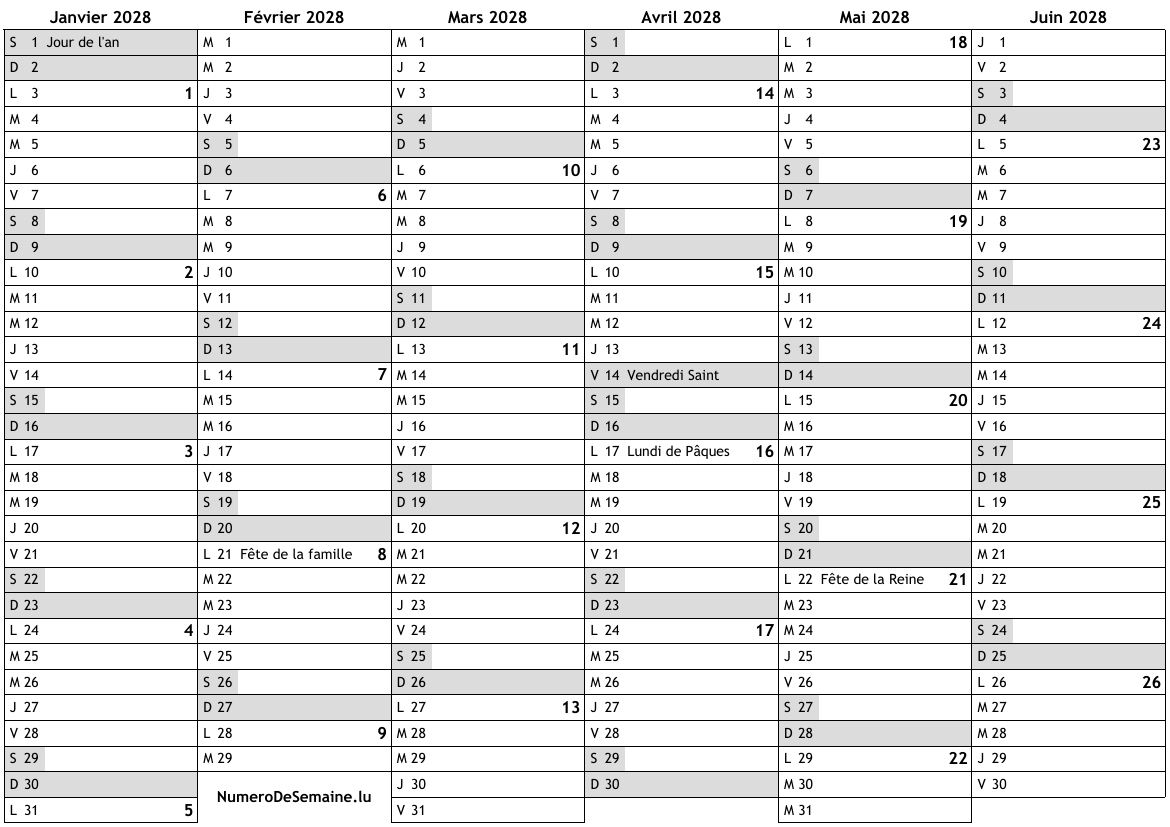 Calendrier 2028 avec jours f ri s en canada et num ro des semaines