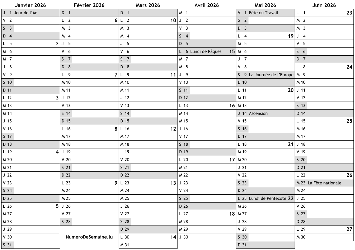 Calendrier 2026 avec jours fériés en Luxembourg et numéro des semaines